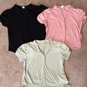 Women’s Short Sleeve Button Front Top - Pink, Black, Light Green Set